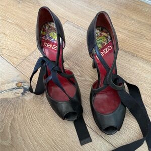 Kenzo Black Peep-Toe Lace-Up Heels with Red Insole